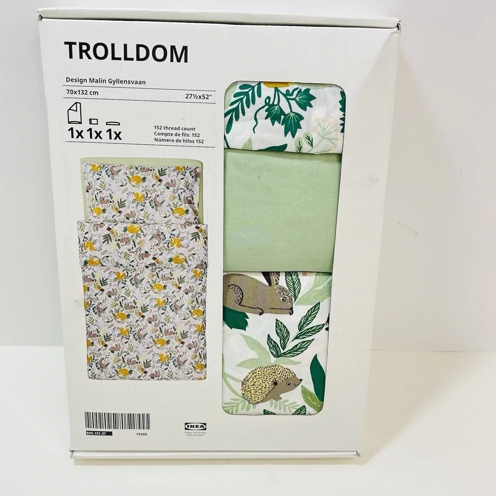 IKEA TROLLDOM Gyllensvaan Crib Sheet Set Forest Animal Duvet Fitted Pillowcase